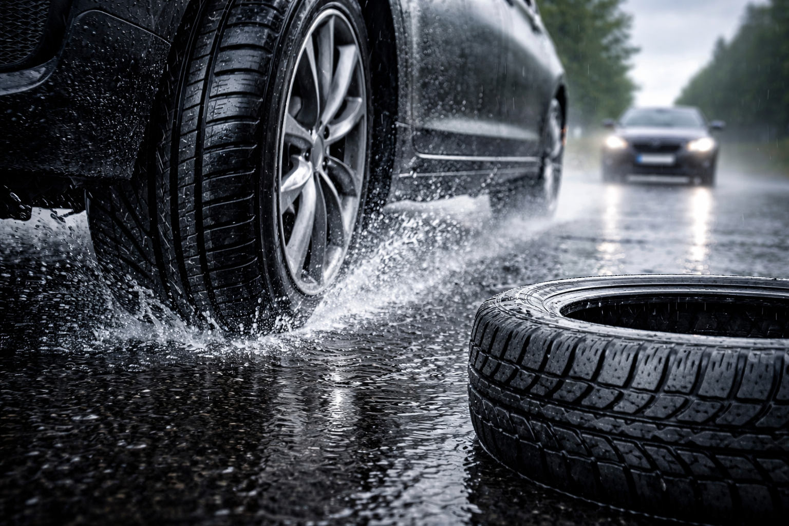 Pneus sur route mouillée sous la pluie