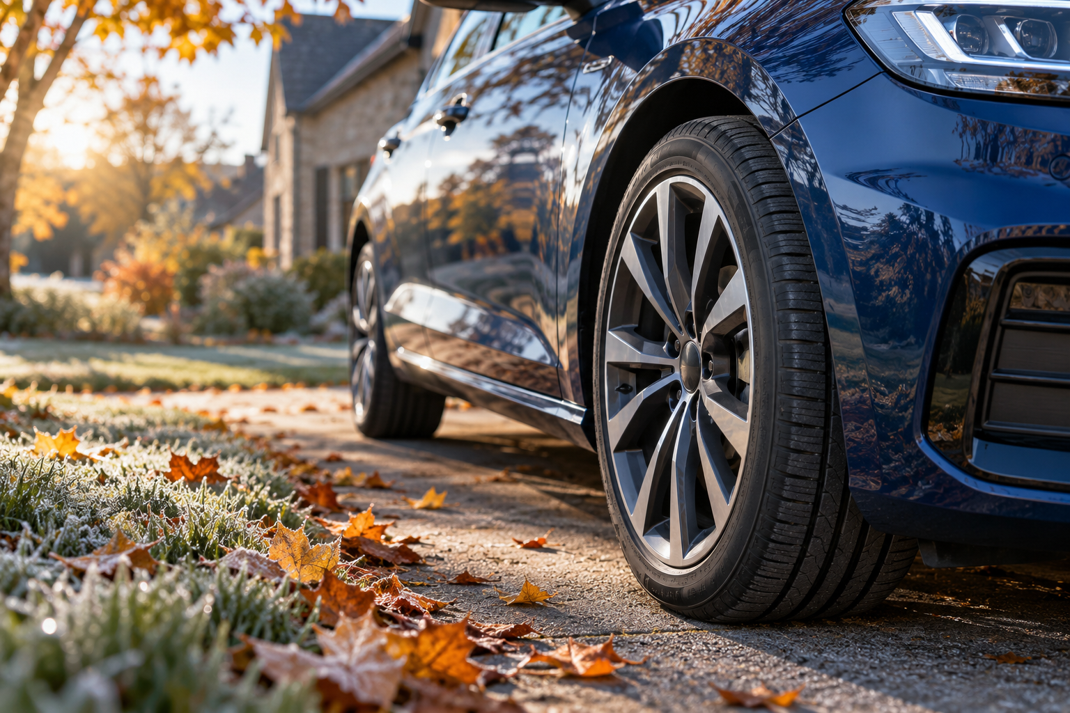 Pneu d’une voiture stationnée lors d’un matin froid d’automne